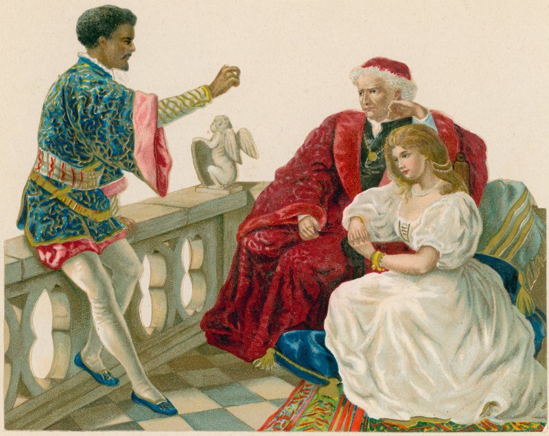 Otello rozmawia z Desdemoną i jej ojcem autorstwa English School