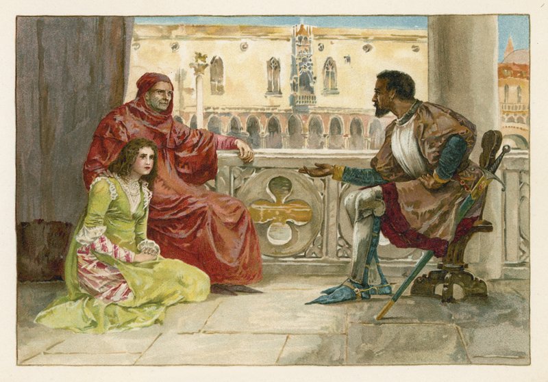 Otello rozmawia z Desdemoną i jej ojcem autorstwa English School