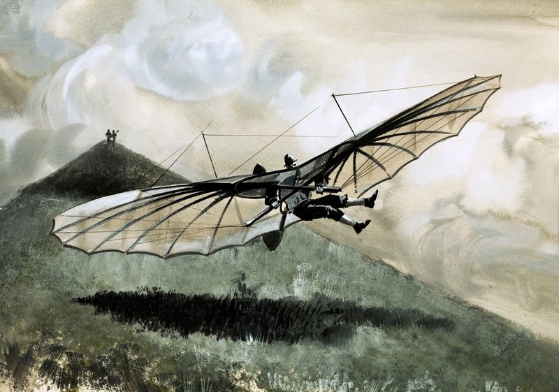 Otto Lilienthal wykonał ponad 1000 lotów swoim prymitywnym szybowcem (gwasz na papierze) autorstwa English School