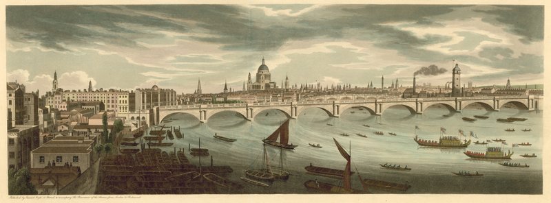 Panoramiczny widok na Londyn, w tym London Bridge i St Pauls Cathedral autorstwa English School