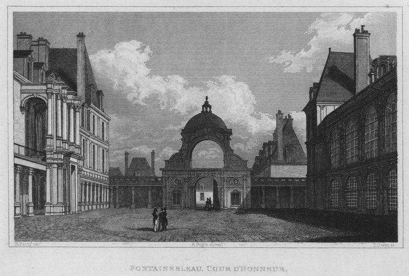 Paryż, Fontainebleau, Court of Honor (grawerowanie) autorstwa English School