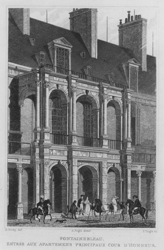 Paryż, Fontainebleau, Wejście do Głównego Dworu Honorowego (Grawerowanie) autorstwa English School