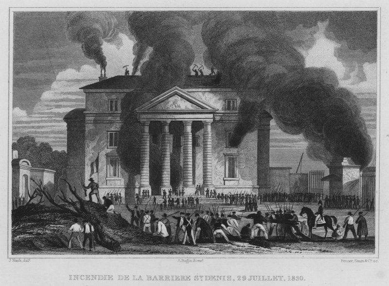 Paryż, Ogień Barriere St Denis, 29 lipca 1830 (rycina) autorstwa English School
