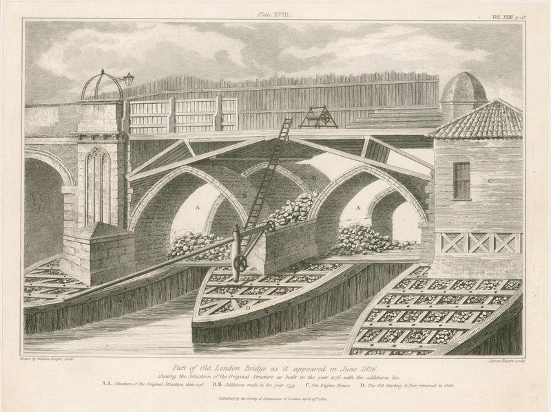 Część Old London Bridge, która pojawiła się w czerwcu 1826 r. autorstwa English School