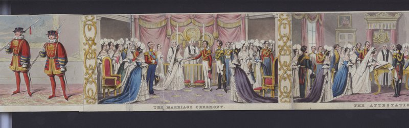 Fragment panoramy ślubu królowej Wiktorii, ok. 1840 r. (akwatinta ręcznie kolorowana) autorstwa English School