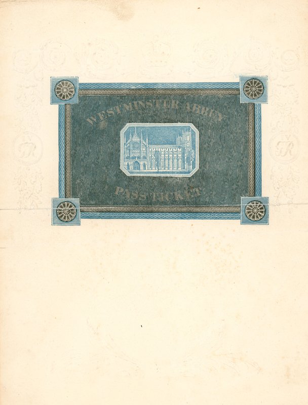 Bilet wstępu do Opactwa Westminsterskiego na koronację króla Jerzego IV, 17 lipca 1821 r. autorstwa English School