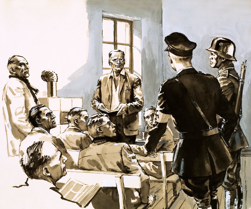 Pastor Dietrich Bonhoeffer wypowiadający się przeciwko nazistowskiej partii Hitlera (gwasz na papierze) autorstwa English School
