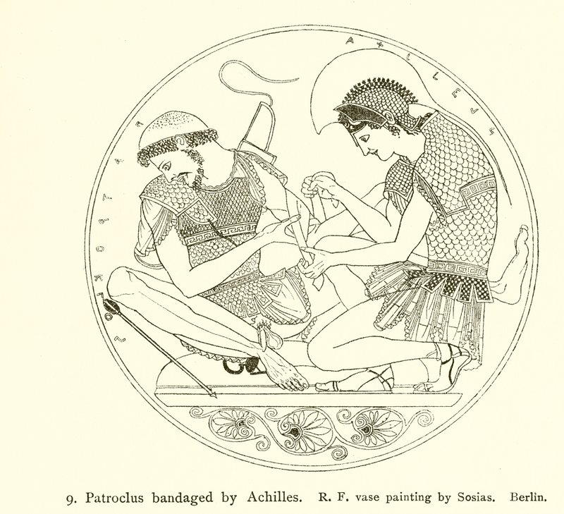 Patroklus zabandażowany przez Achillesa autorstwa English School