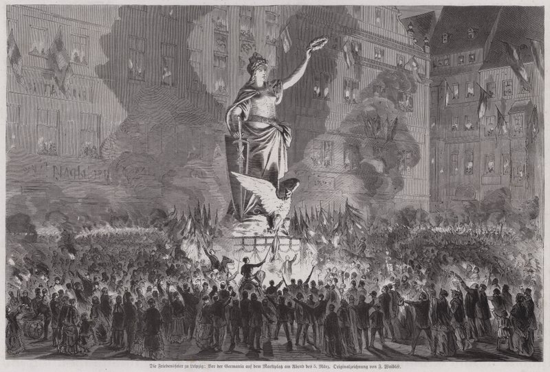 Uroczystości pokojowe przed pomnikiem Germanii na rynku w Lipsku wieczorem 5 marca 1870 r. (rycina) autorstwa English School