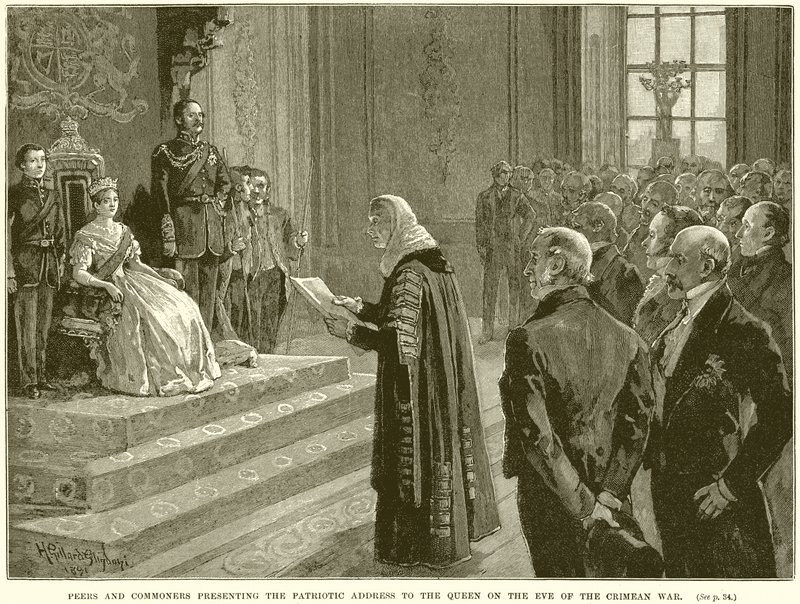 Peers and Commoners prezentujący patriotyczne orędzie do królowej w przeddzień wojny krymskiej autorstwa English School
