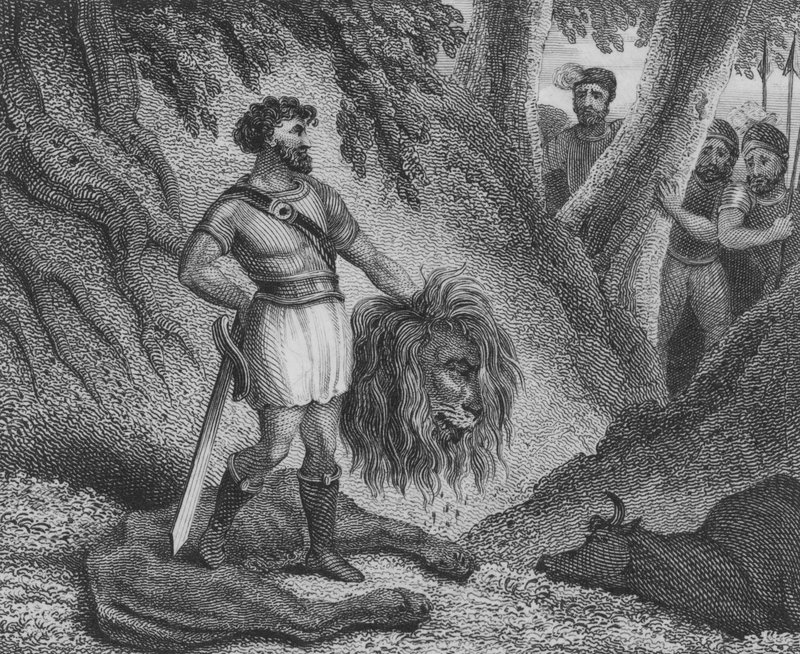 Pepin the Short, król Franków, udowadnia, że jego postawa nie ogranicza jego zdolności do rządzenia przez zabicie lwa autorstwa English School