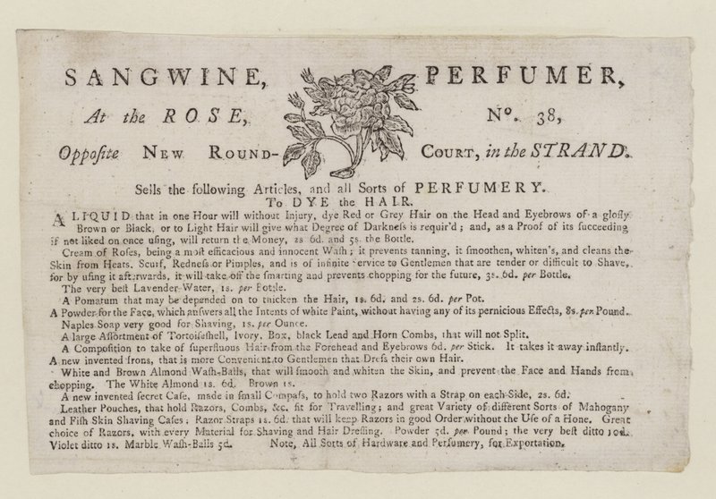 Perfumy, Sangwine, karta handlowa autorstwa English School