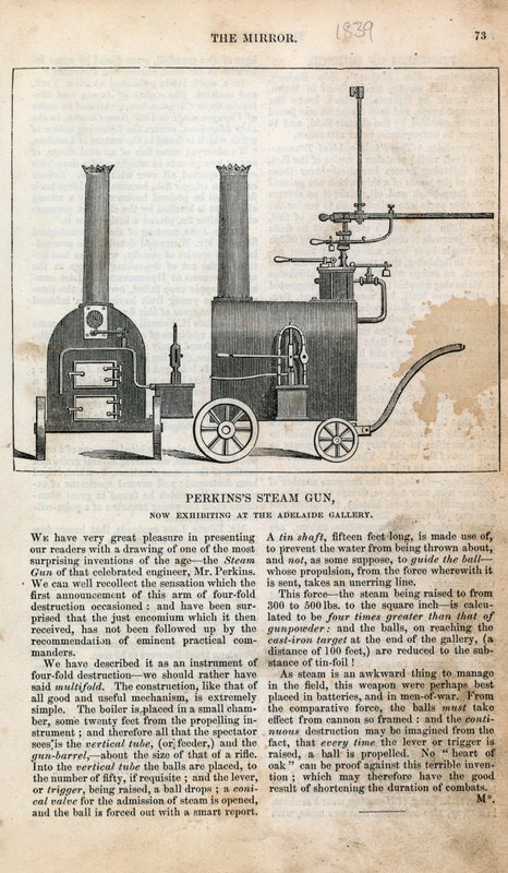 Pistolet parowy Perkinss, obecnie wystawiany w Galerii Adelaide autorstwa English School