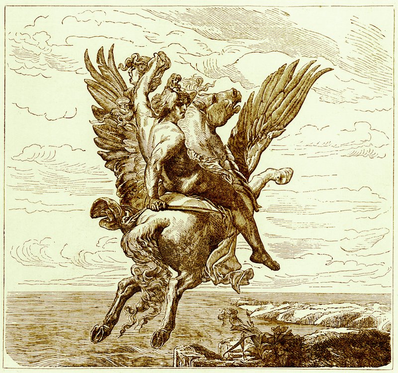 Perseusz na skrzydlatym koniu Pegazie z głową Meduzy, ilustracja z Ilustrowanej Historii Świata, wydanej ok. 1880 r. (obraz ulepszony cyfrowo) autorstwa English School