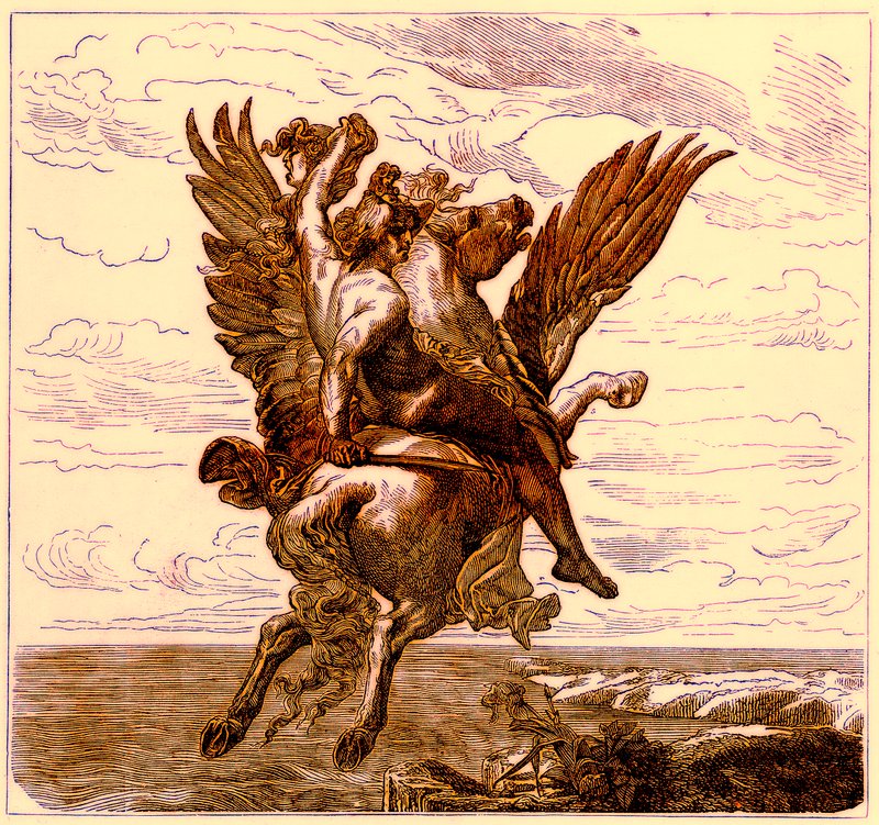 Perseusz na skrzydlatym koniu Pegazie z głową Meduzy, ilustracja z Ilustrowanej Historii Świata, wydanej ok. 1880 r. (obraz ulepszony cyfrowo) autorstwa English School