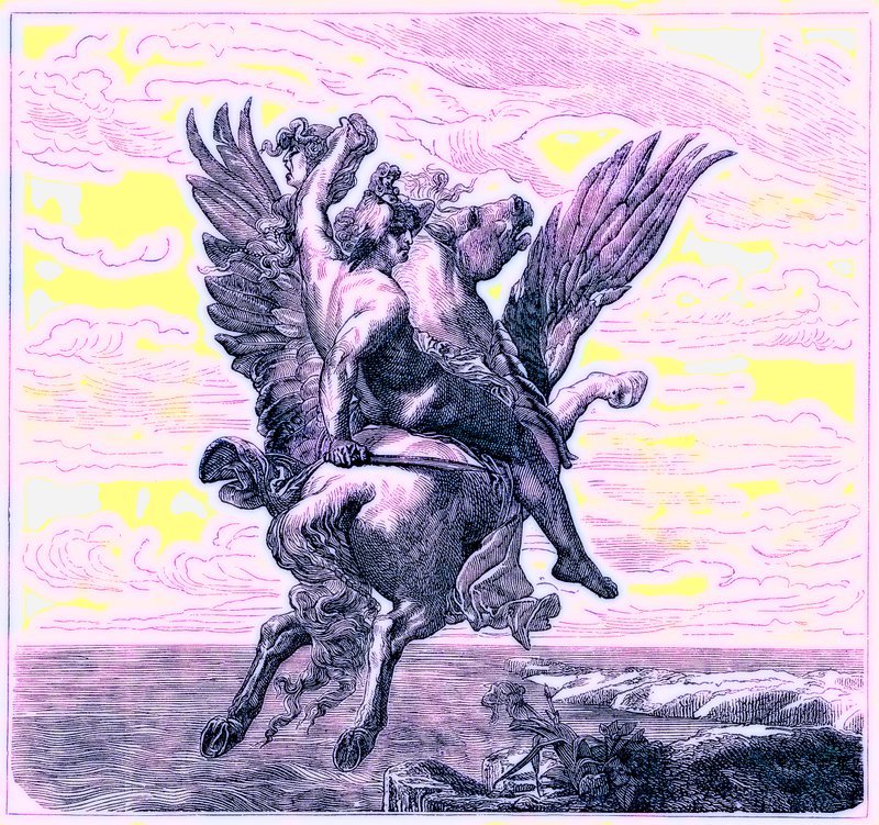 Perseusz na skrzydlatym koniu Pegazie z głową Meduzy, ilustracja z Ilustrowanej Historii Świata, wydanej ok. 1880 r. (obraz ulepszony cyfrowo) autorstwa English School