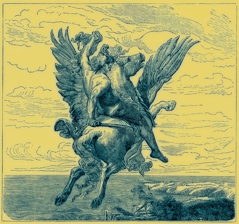 Perseusz na skrzydlatym koniu Pegaz, z głową Meduzy, ilustracja z „Ilustrowanej historii świata”, wydanej ok. 1880 r. (obraz ulepszony cyfrowo) autorstwa English School