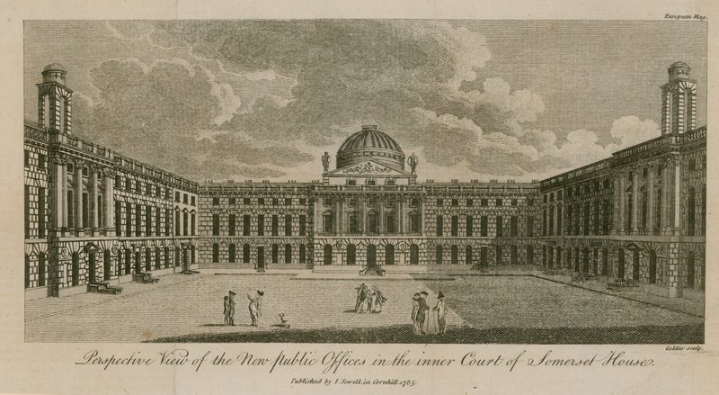 Widok perspektywiczny na nowe urzędy publiczne na dziedzińcu wewnętrznym Somerset House autorstwa English School