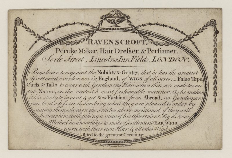 Producent Peruke, Ravenscroft, karta handlowa autorstwa English School