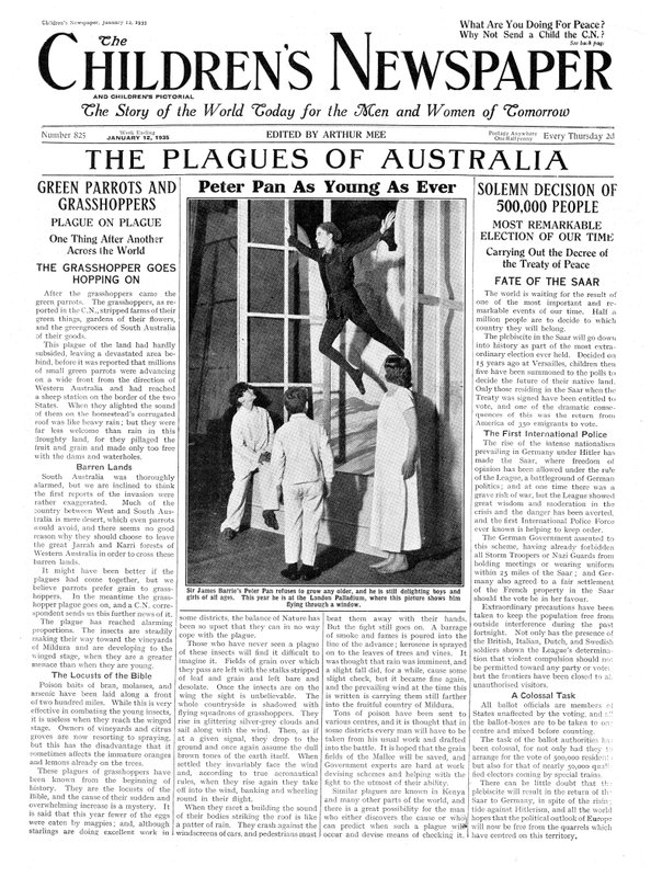 Piotruś Pan tak młody jak zawsze, pierwsza strona "Gazety Dziecięcej", styczeń 1935 (papier gazetowy) autorstwa English School