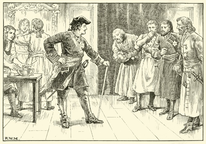 Piotr Wielki zmusza szlachciców do golenia brody (atrament na papierze) autorstwa English School