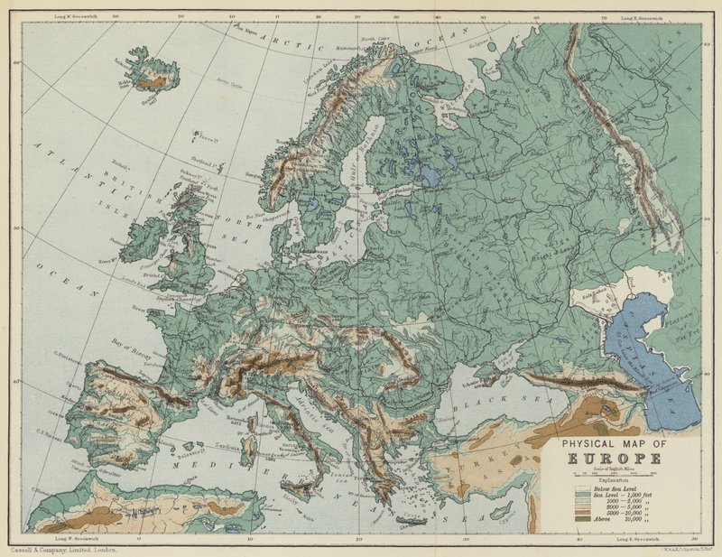 Mapa fizyczna Europy (kolorowa litografia) autorstwa English School