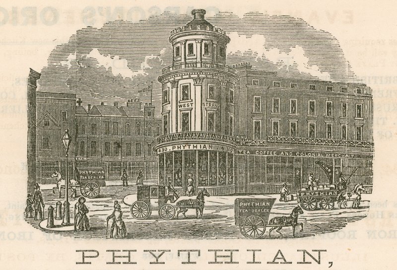 Phythian, sprzedawca hurtowy i rodzinny herbaty oraz magazyn zagraniczny, 430 West Strand i 1-3 King William Street, Londyn autorstwa English School
