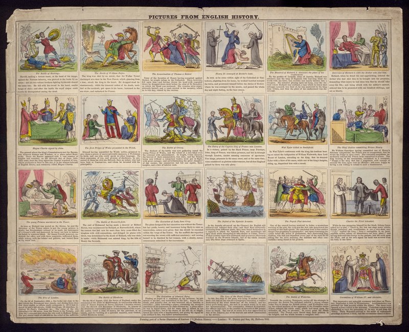 Obrazki z historii języka angielskiego (kolorowe grawerowanie) autorstwa English School