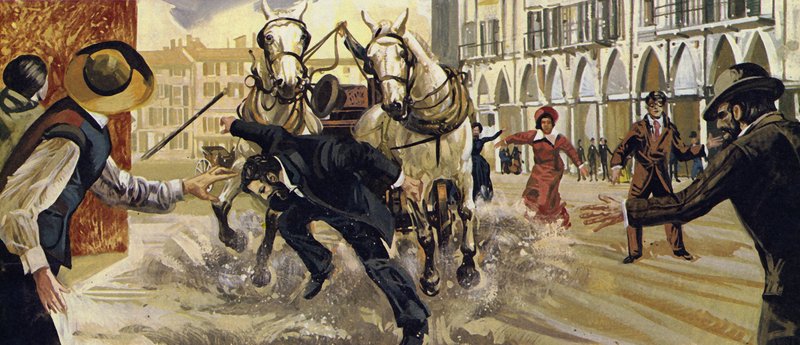 Pierre Curie poślizgnął się podczas przechodzenia przez ulicę i wpadł pod konia i wóz autorstwa English School