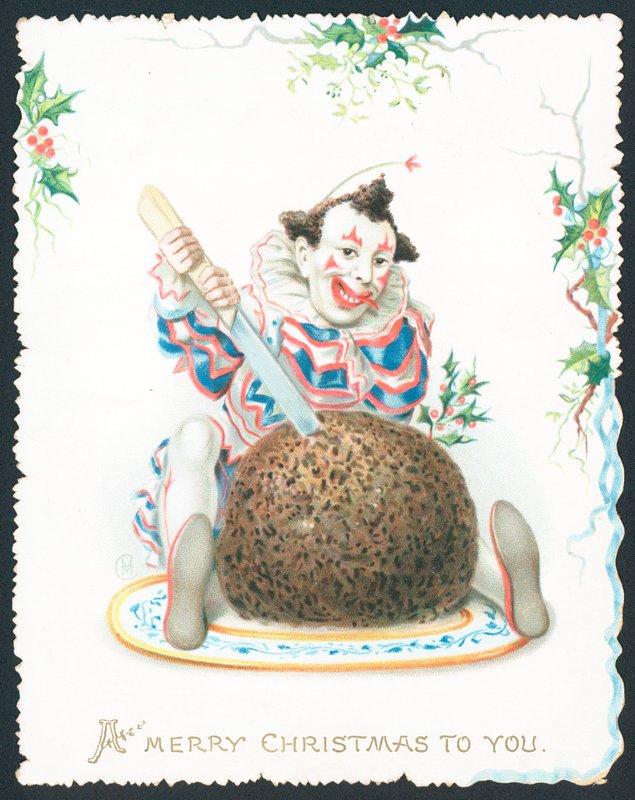Pierrot kroi budyń śliwkowy, kartka świąteczna autorstwa English School