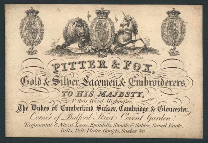 Pitter and Fox, Gold and Silver Laceman and Hafters, Bedford Street, Covent Garden, karta handlowa autorstwa English School