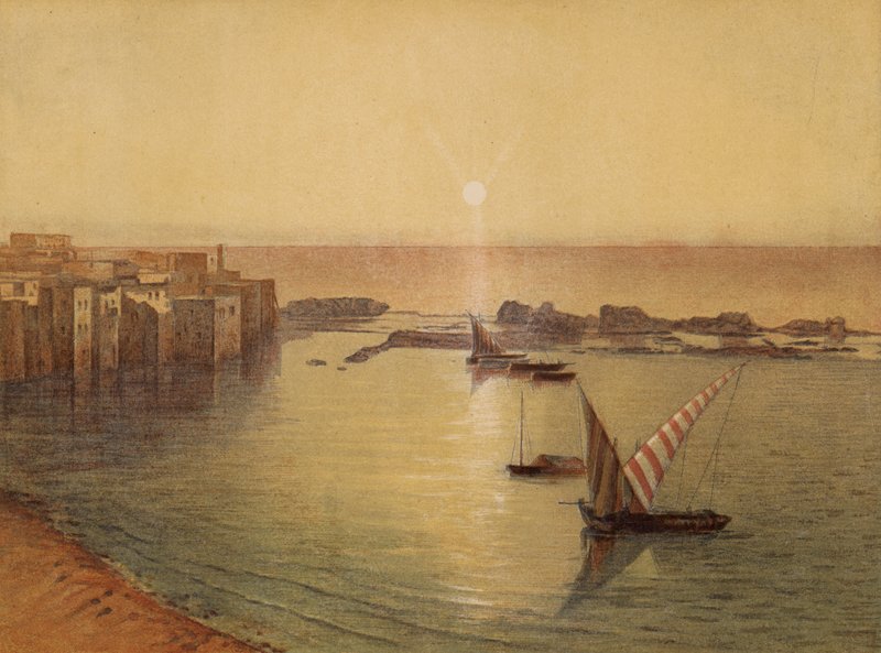 Miejsca wymienione w Biblii: Sydon, strona południowa i starożytny port (chromolitho) autorstwa English School