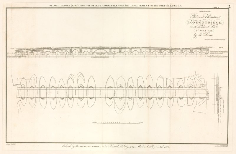 Plan i elewacja London Bridge na dzień 2 lipca 1799 r. autorstwa English School
