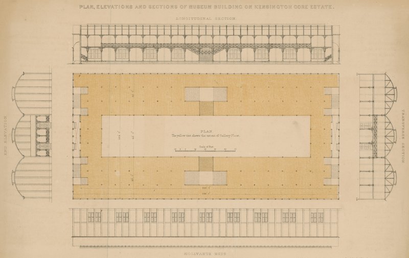 Plan, elewacje i sekcje budynku muzeum na Kensington Gore Estate autorstwa English School
