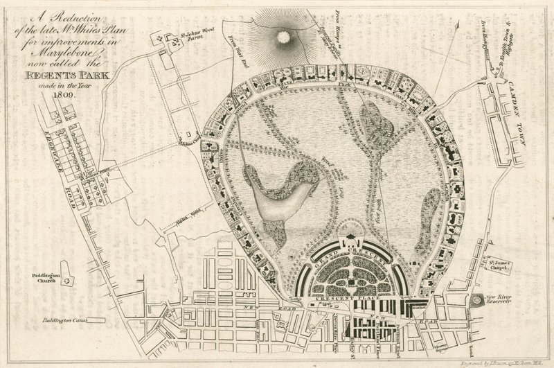 Plan ulepszeń w Marylebone w Londynie, obecnie nazywanym Regents Park, wykonany w 1809 roku autorstwa English School