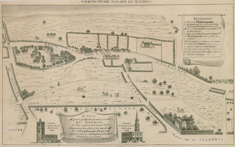 Plan północno-zachodnich przedmieść Londynu wokół St Giles in the Fields autorstwa English School