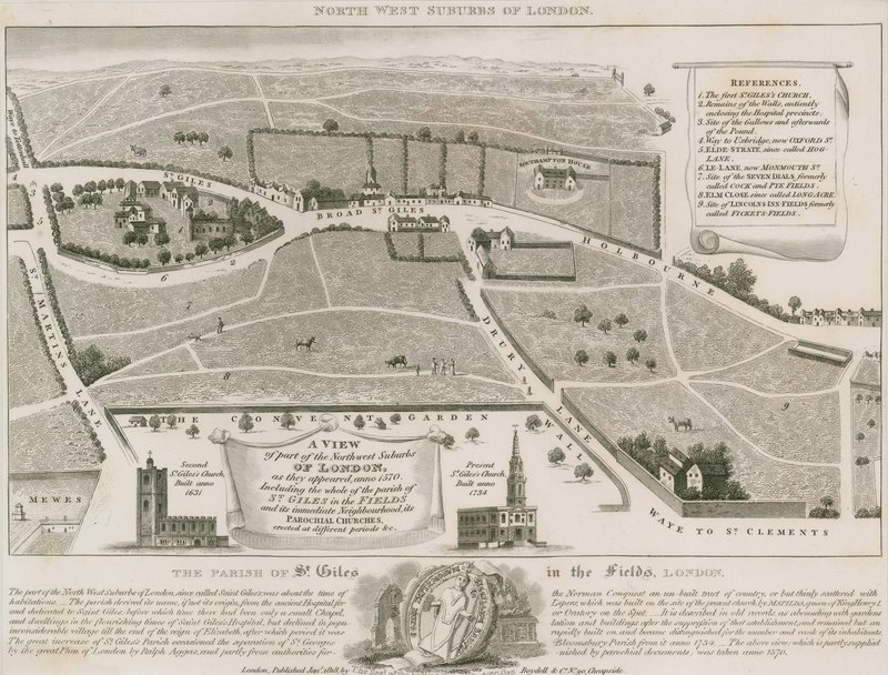 Plan północno-zachodnich przedmieść Londynu wokół St Giles in the Fields autorstwa English School