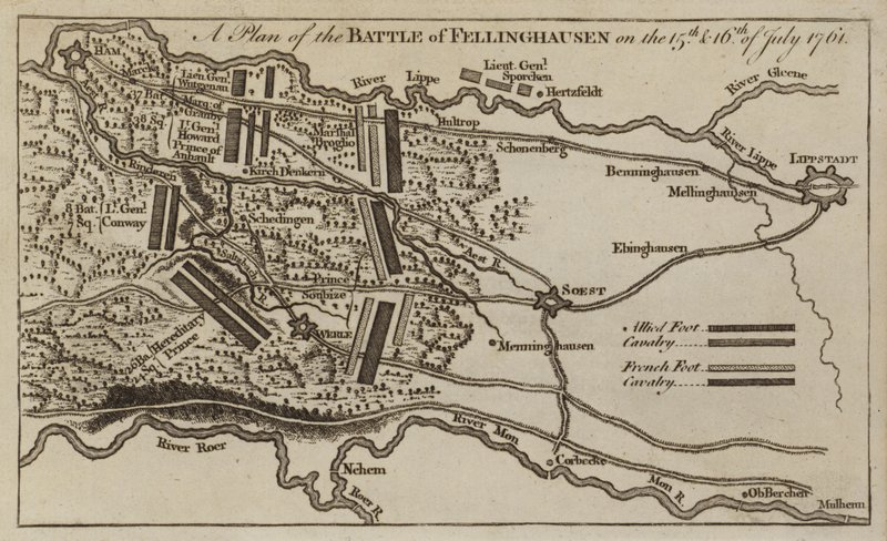 Plan bitwy pod Villinghausen, Niemcy, wojna siedmioletnia, 15-16 lipca 1761 autorstwa English School