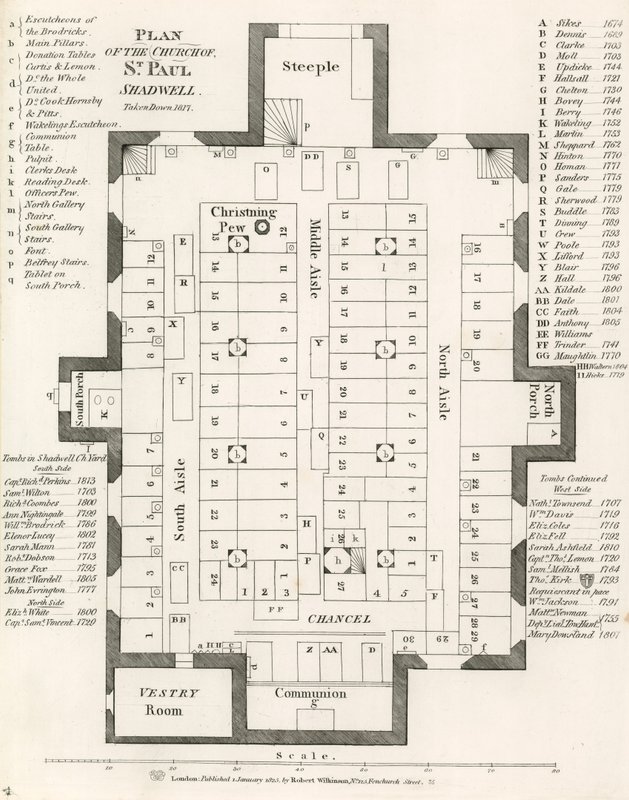 Plan kościoła św. Pawła w Shadwell w Londynie, zdjęty w 1817 r. autorstwa English School