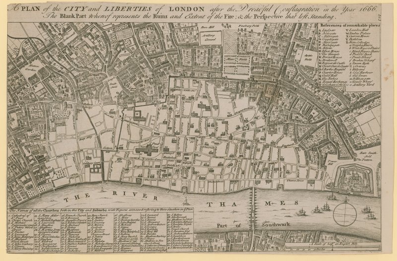 Plan City and Liberties of London po straszliwej pożodze w roku 1666 autorstwa English School