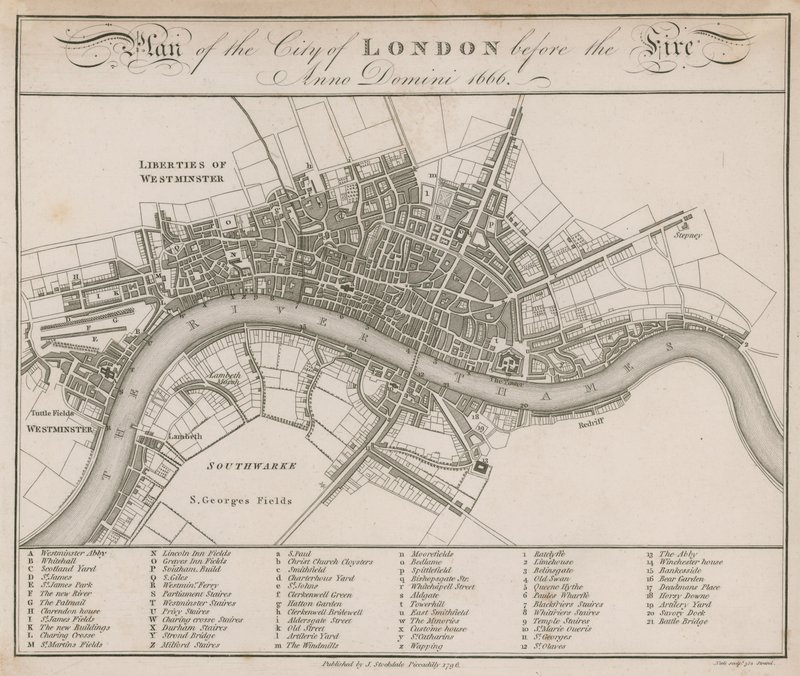 Plan City of London przed pożarem 1666 autorstwa English School