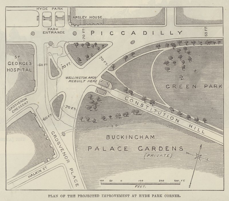 Plan przewidywanej poprawy w Hyde Park Corner (grawerowanie) autorstwa English School