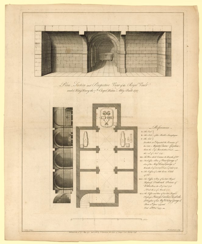 Plan Królewskiego Krypty pod Kaplicą Króla Henryka VII, Opactwo Westminsterskie, zbudowany w 1737 r. autorstwa English School