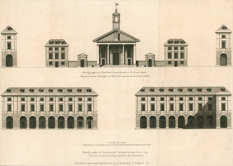Plan wschodniej perspektywy kościoła St Pauls Church, Covent Garden i zachodniej perspektywy Covent Garden autorstwa English School