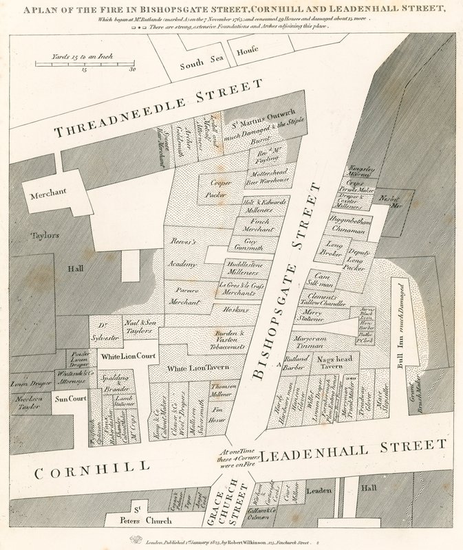 Plan pożaru na Bishopsgate Street, Cornhill i Leadenhall Street w Londynie, który rozpoczął się 7 listopada 1765 r autorstwa English School
