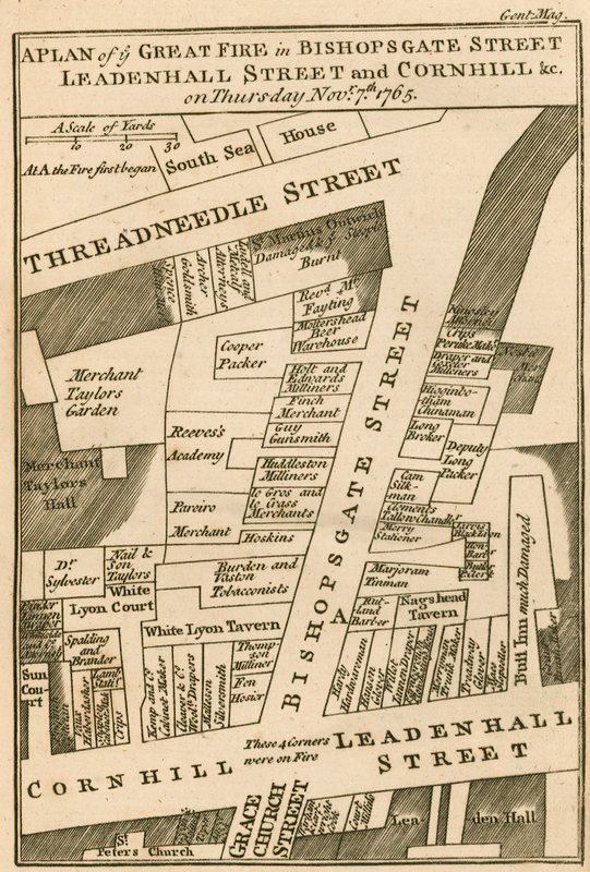 Plan pożaru na Bishopsgate Street, Cornhill i Leadenhall Street w Londynie, który rozpoczął się 7 listopada 1765 r autorstwa English School