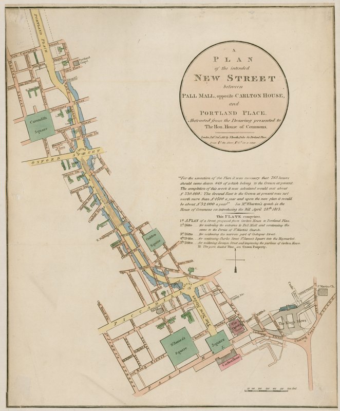 Plan planowanej nowej ulicy (Regent Street) między Pall Mall a Portland Place autorstwa English School
