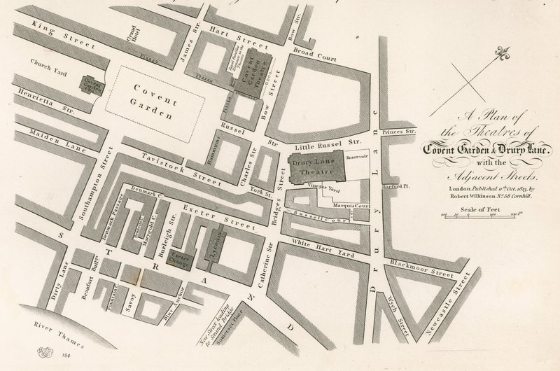 Plan teatrów Covent Garden w Londynie autorstwa English School