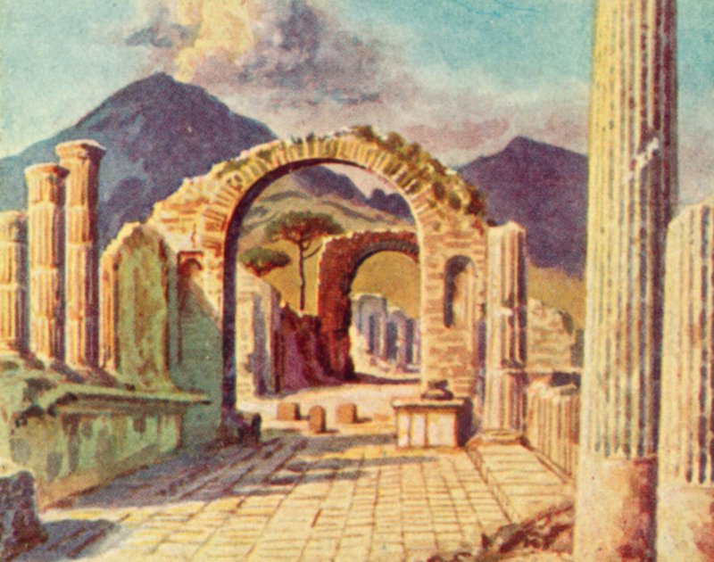 Pompeje, widok w kierunku Wezuwiusza (kolorowa litografia) autorstwa English School