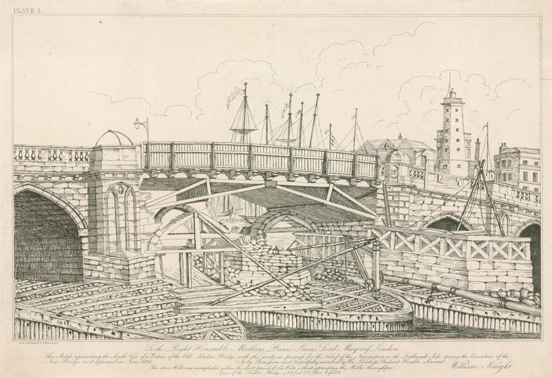 Fragment mostu Old London Bridge, narysowany w 1826 roku podczas prac budowlanych autorstwa English School